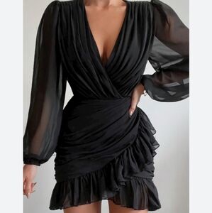 Showpo. Plunge Balloon Sleeve Dress in Black